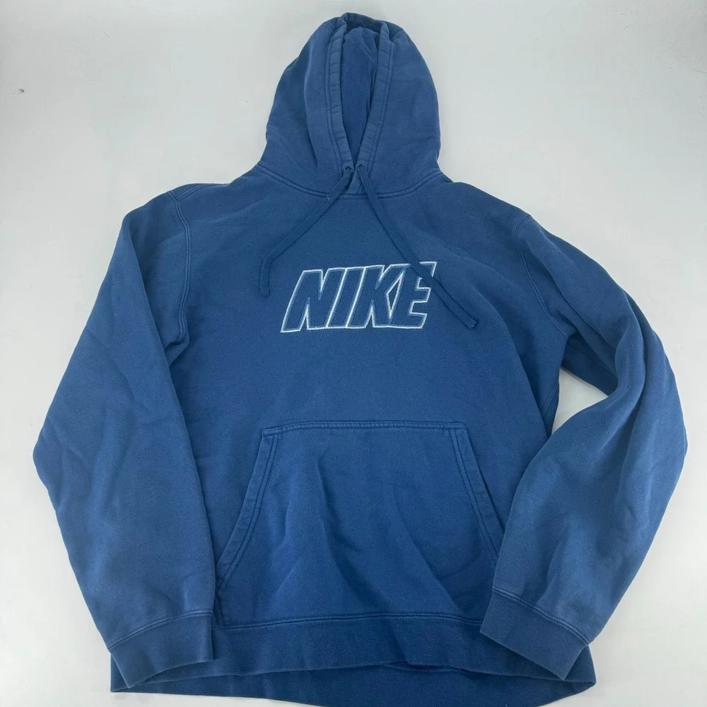 Nike Mens Hoodie Blue Embroidered Spellout‎ Logo Pullover Fleece Sweatshirt L